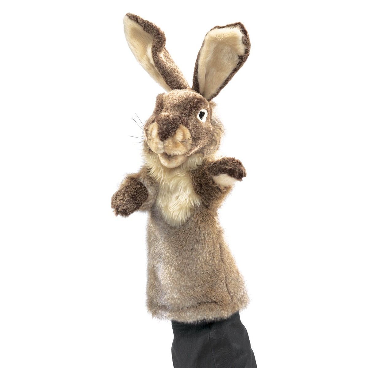 Folkmanis Handpuppe Kaninchen in braunem Kurzflor-Plüsch mit langen Ohren und Pfoten, Seitenansicht auf weißem Grund
