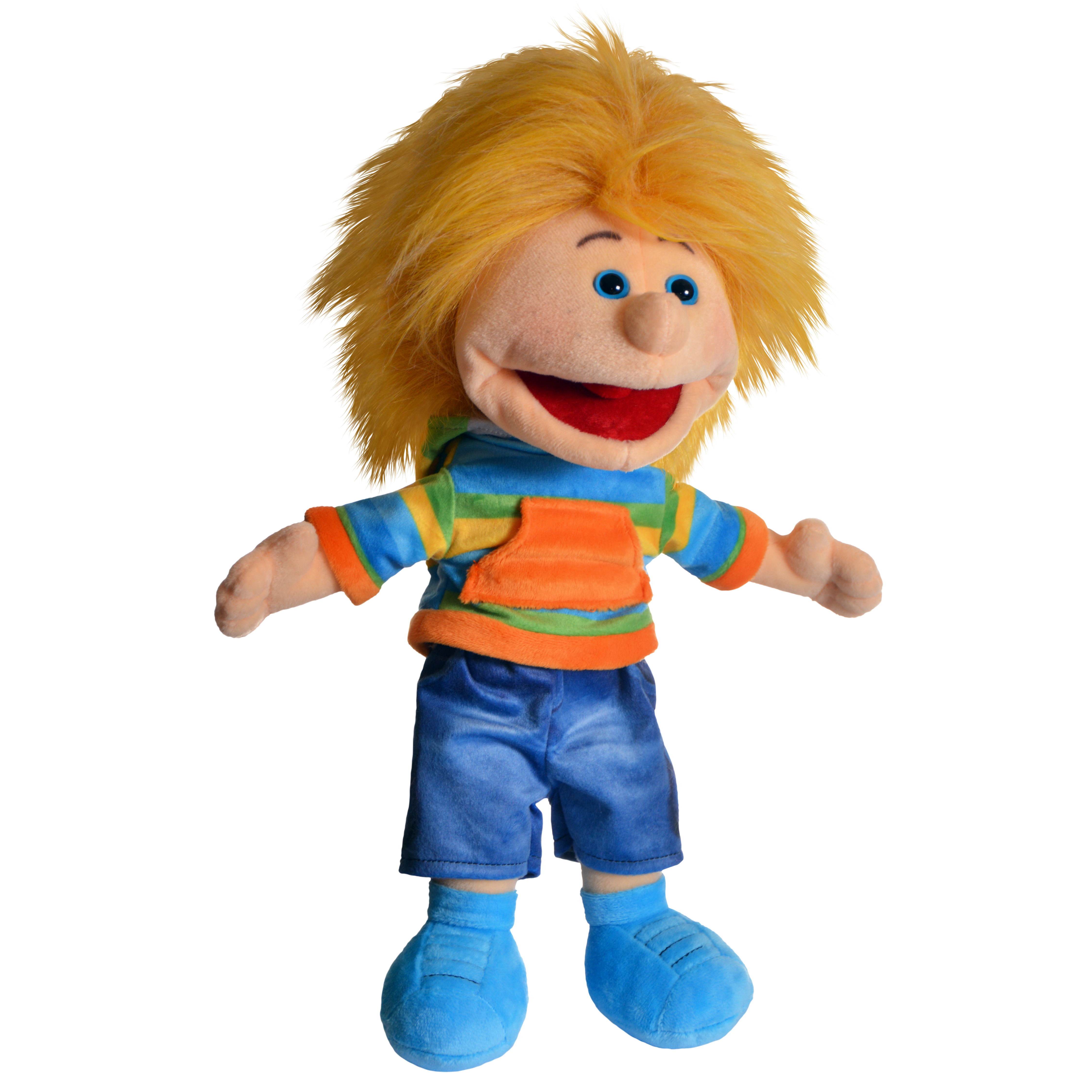 Living Puppets Mini-Handpuppe Friedel mit gelbem Strubbelhaar, Streifenshirt und blauen Shorts