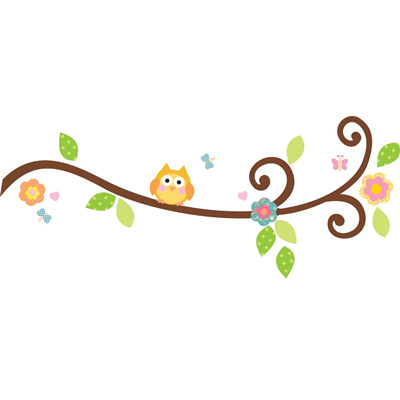 RoomMates Wandbild Happi Scroll Branch, Klebebogen mit geschwungenem Ast, Eulen-Motiv und Blüten auf weißem Untergrund