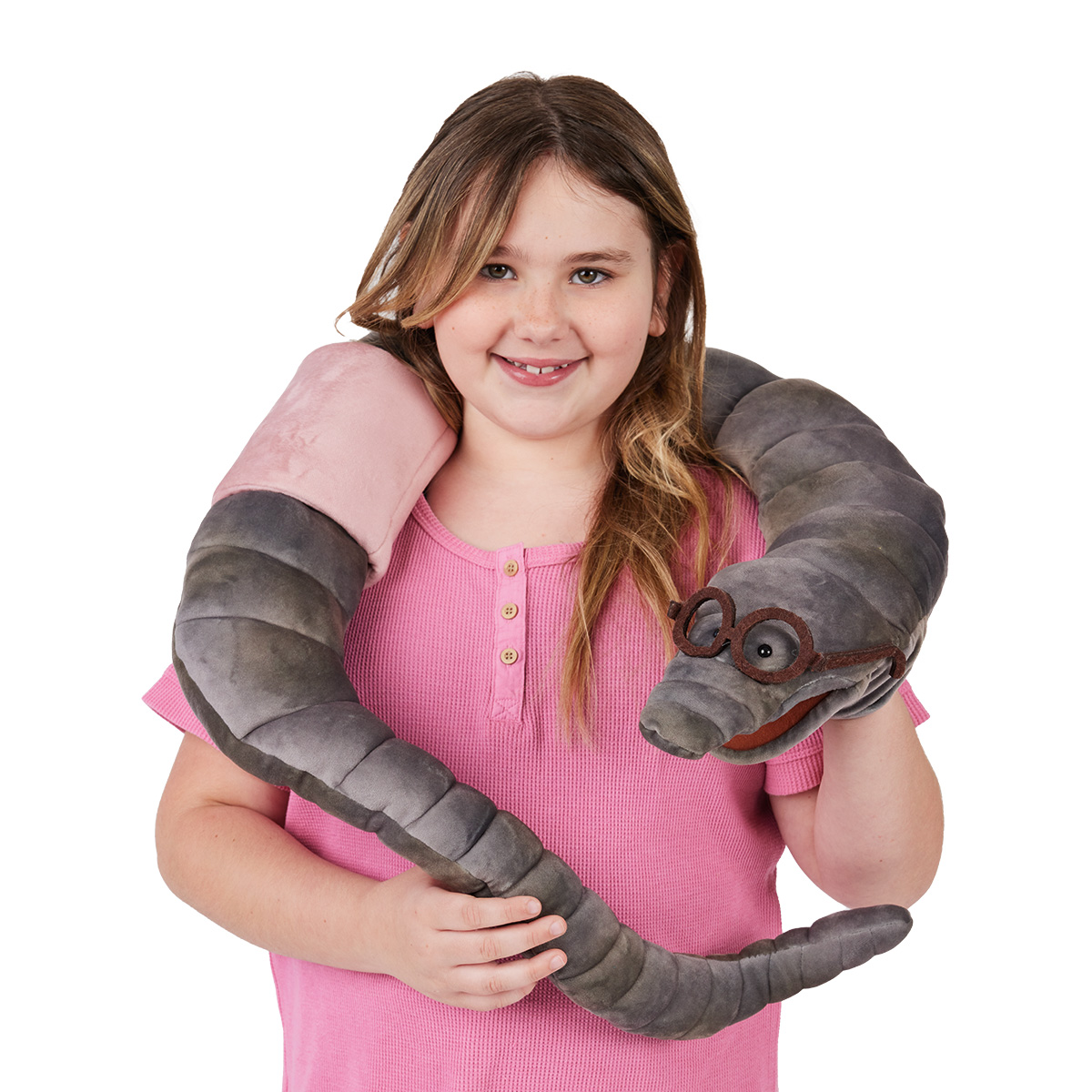 Folkmanis bookworm hand puppet in grey with glasses, draped around a girl's shoulders, front view