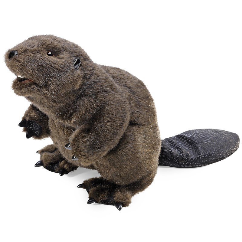 Folkmanis Handpuppe Biber mit dunkelbraunem Fell, geöffnetem Maul, schwarzen Krallen und charakteristisch gemustertem Schwanz, Schrägansicht