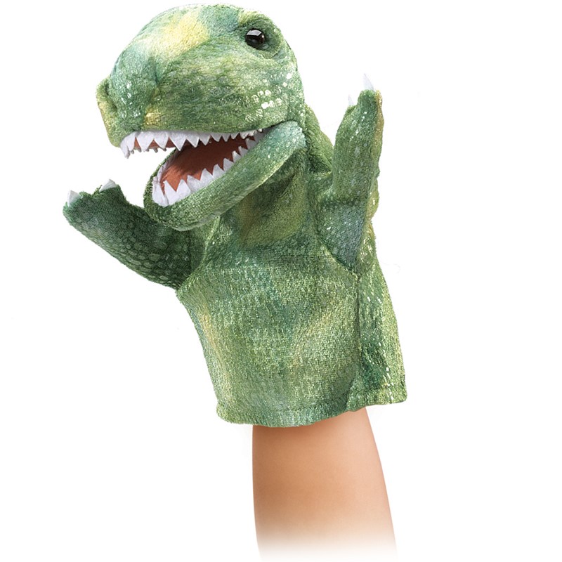 Folkmanis Handpuppe kleiner T-Rex in Grün mit geöffnetem Maul und Krallen, auf einer Kinderhand