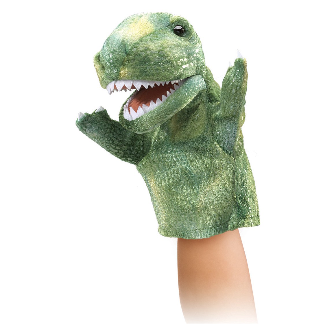 Folkmanis Handpuppe kleiner T-Rex in Grün mit geöffnetem Maul und Krallen, auf einer Kinderhand