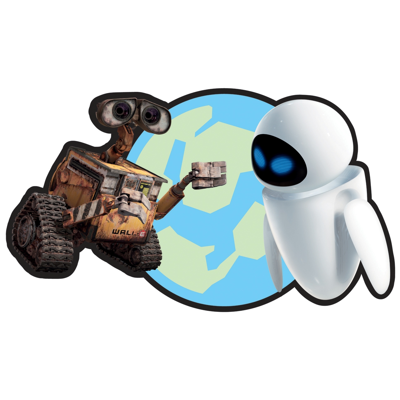 decofun Wanddekoration Wall-E, Roboter Wall-E und Eve vor blau-grünem Erdkugel-Motiv