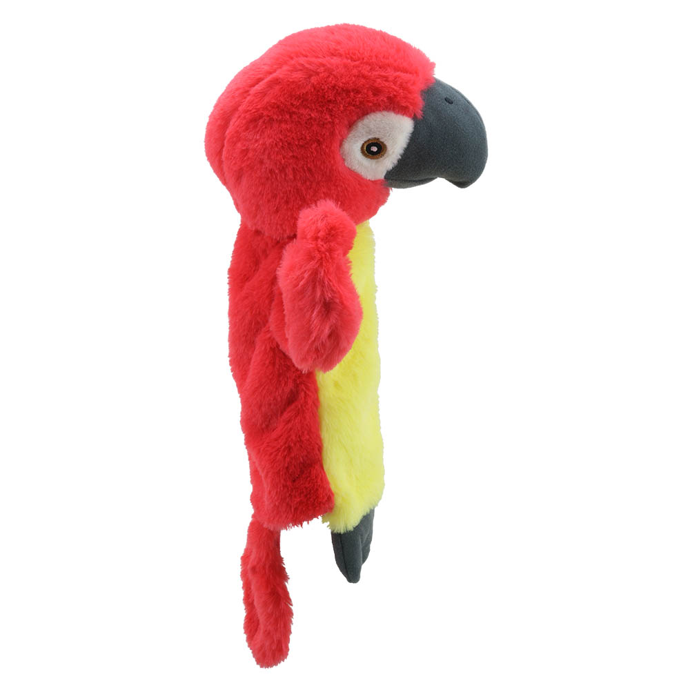 The Puppet Company baby hand puppet parrot, red macaw with a yellow chest and grey beak, right side view