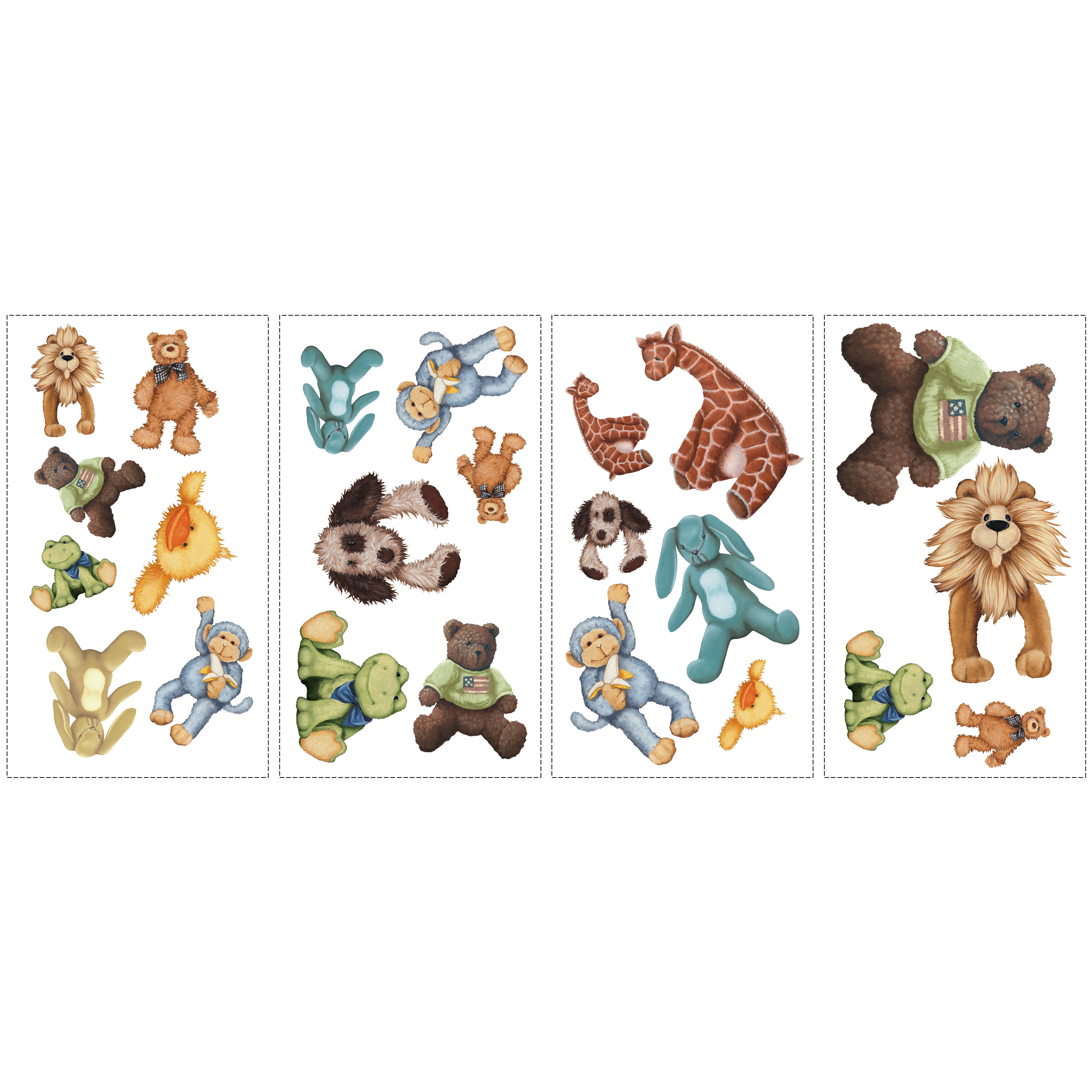 RoomMates Wandsticker Cuddle Buddies, vier Klebebögen mit einzelnen Kuscheltier-Motiven wie Bär, Hase, Giraffe und Löwe auf weißem Untergrund