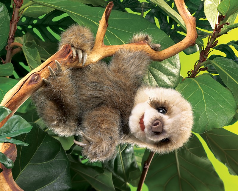 Folkmanis baby sloth hand puppet in brown plush hanging upside down from a branch among green leaves