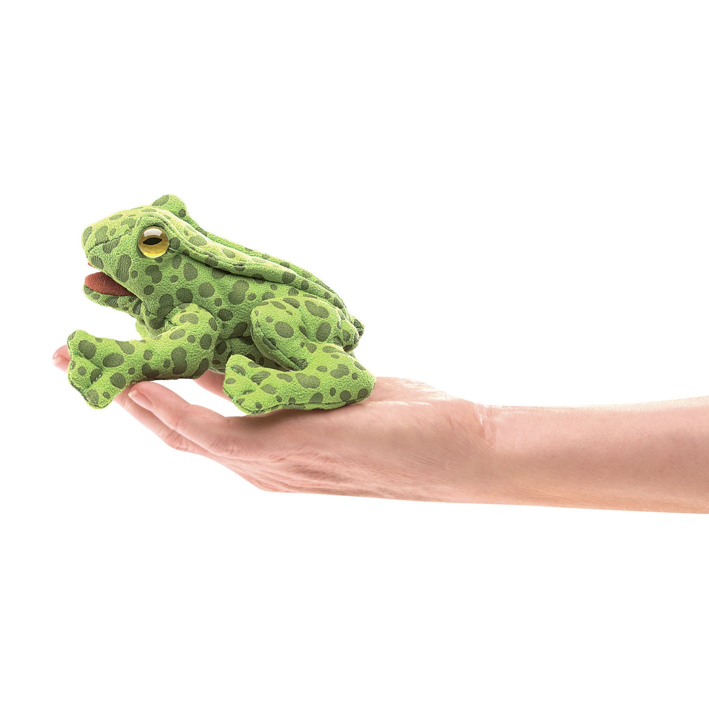 Folkmanis Mini-Fingerpuppe Frosch in Hellgrün mit dunkelgrünen Flecken, auf einer Hand liegend, Seitenansicht