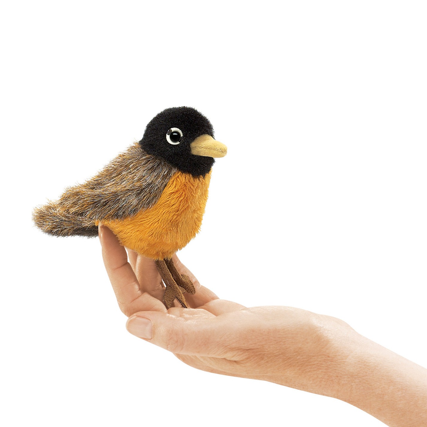 Folkmanis Mini-Fingerpuppe Rotkehlchen (Wanderdrossel) mit schwarzem Kopf und orangefarbenem Bauch sitzt auf einer offenen Hand