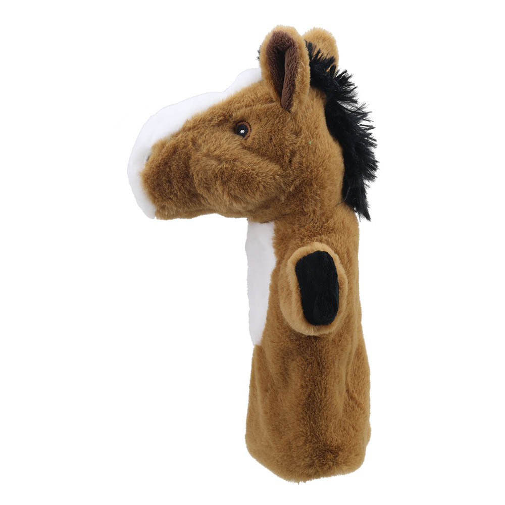 The Puppet Company baby hand puppet horse, brown horse with a white blaze and black mane, side view