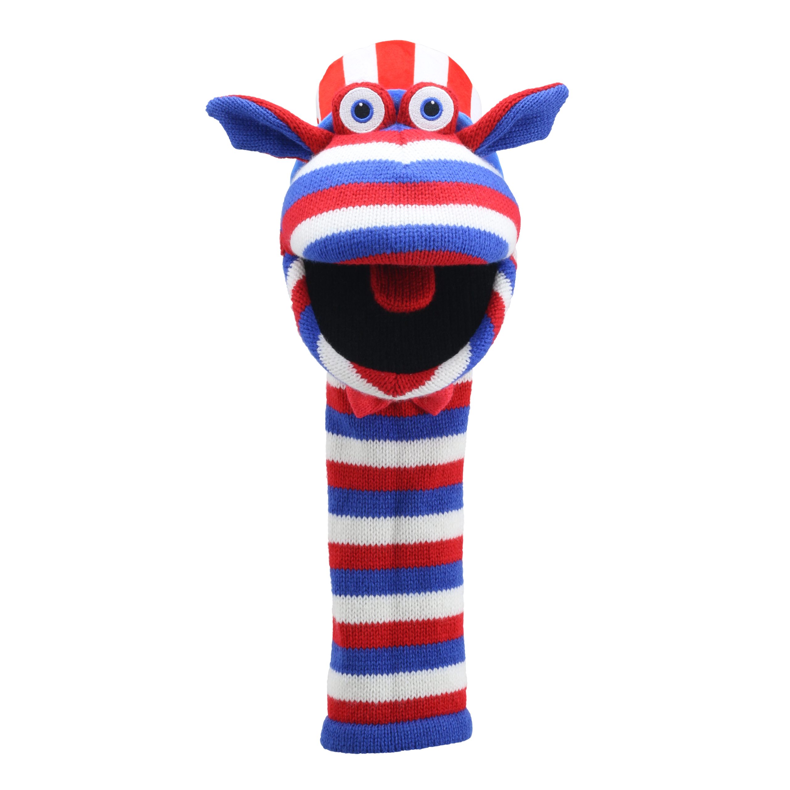 The Puppet Company Sockenhandpuppe Sammy, rot-weiß-blau gestreiftes Monster mit Brille auf dem Kopf, Frontansicht