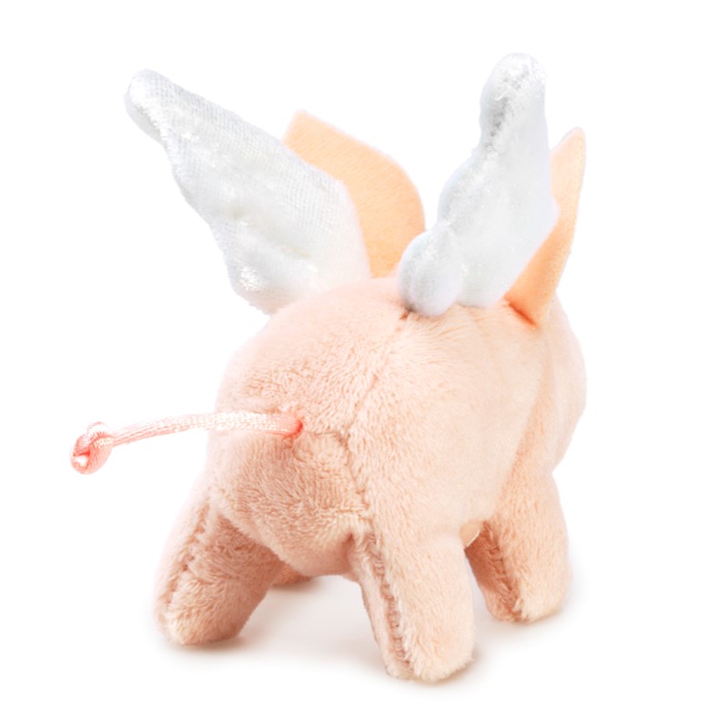 Folkmanis Fingerpuppe mini Schwein mit Flügeln in Rosa, Rückenansicht mit silbrig-weißen Stoffflügeln und rosa Ringelschwanz