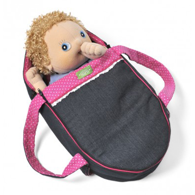 Carry cot for Rubens Babies made of denim with pink dots, with doll inside