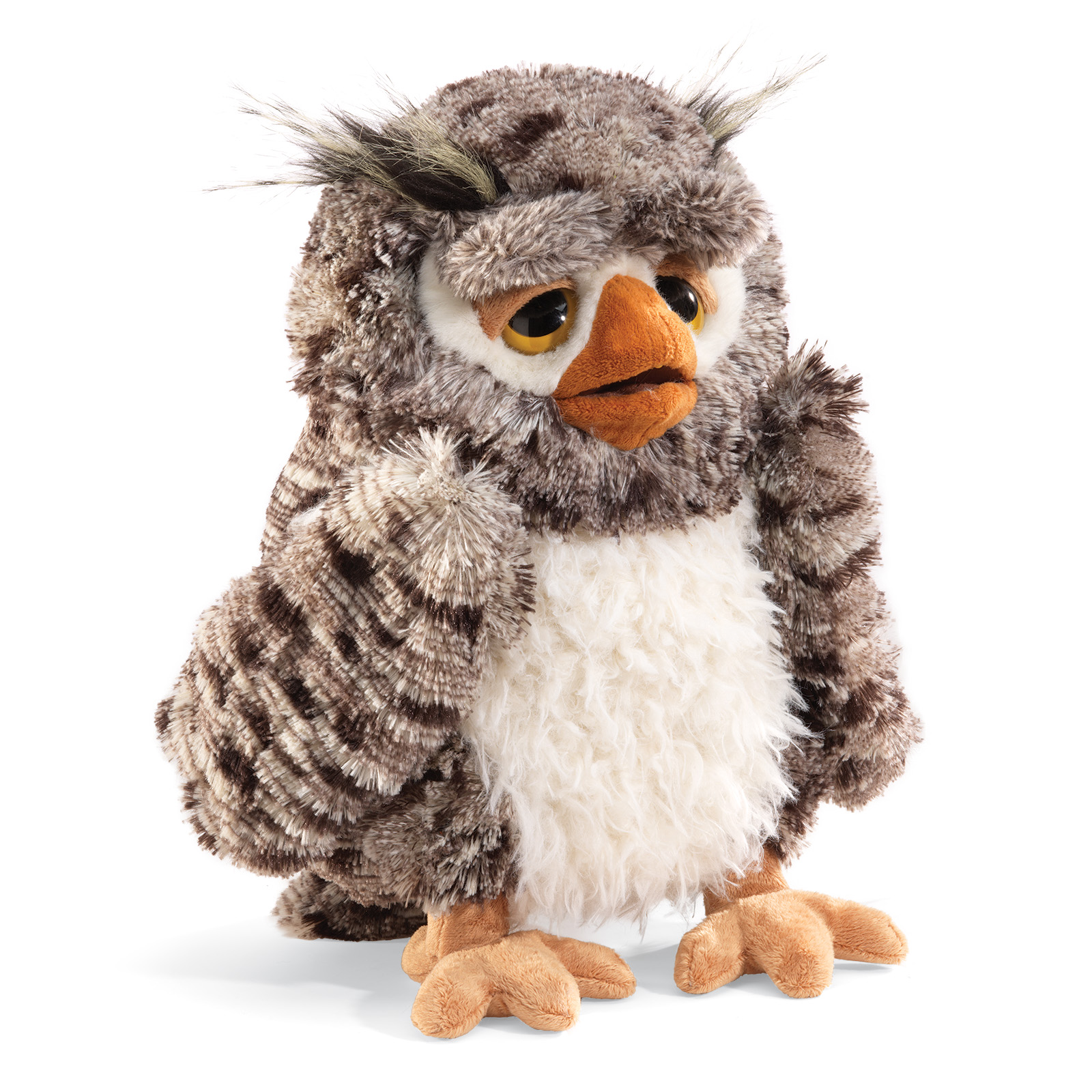Folkmanis Handpuppe weise Eule mit braun-grau gemustertem Gefieder, weißem Bauch und orangem Schnabel, Frontalansicht
