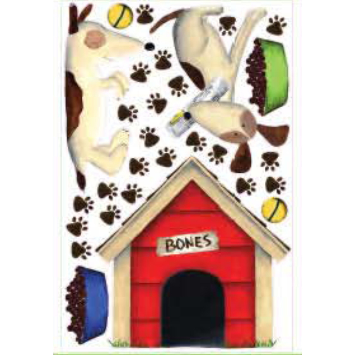 RoomMates Wandbild Doggie Treats, Klebebogen mit Hundemotiven, Hundehütte mit Bones-Schriftzug und Pfotenabdrücken auf weißem Untergrund