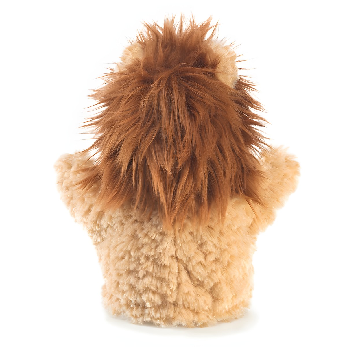 Folkmanis Handpuppe kleiner Löwe von hinten, sandfarbenes Plüschfell mit rotbrauner zotteliger Mähne, seitliche Pfoten sichtbar.