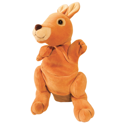 Beleduc Handpuppe Känguru mit orangefarbenem Fell, spitzen Ohren und sitzender Haltung
