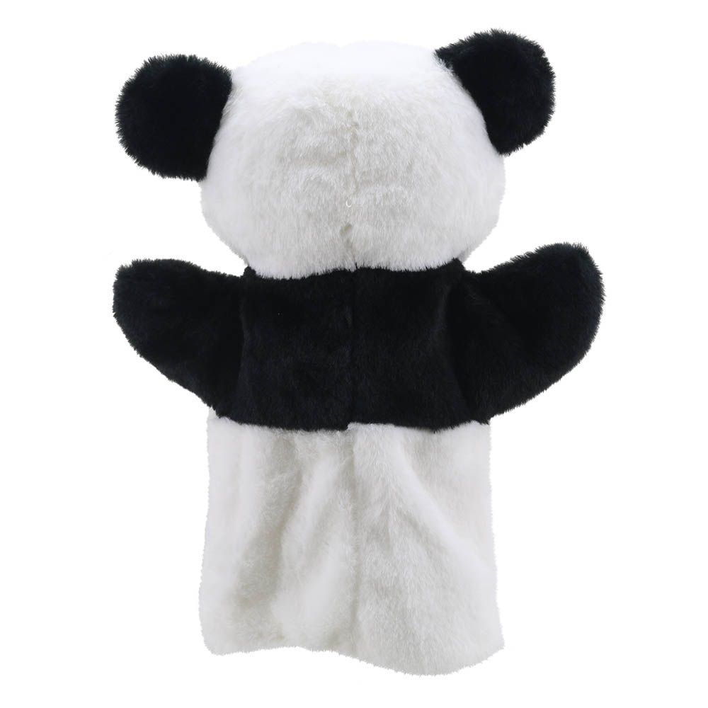 The Puppet Company Baby-Handpuppe Panda, schwarz-weiße Handpuppe von hinten mit schwarzen Ohren, Rückansicht