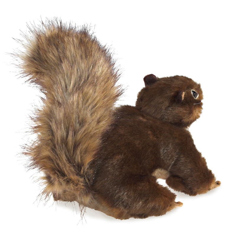 Folkmanis hand puppet red-brown squirrel with bushy tail in a sitting pose, shown from an angle