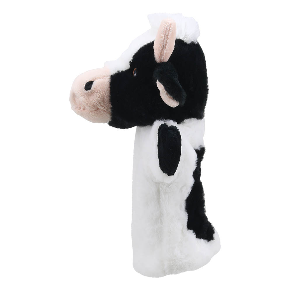 The Puppet Company Baby-Handpuppe Kuh, schwarz-weiße Kuh mit rosa Nase, Seitenansicht