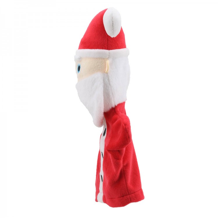 The Puppet Company baby hand puppet Santa Claus, side view with a pointed hat and white beard
