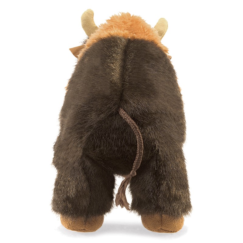 Folkmanis small bison hand puppet seen from behind: dark brown plush fur, orange mane, beige horns and a braided tail