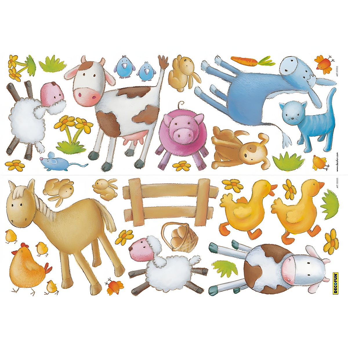 decofun wall decal Animal Farm, cow, bird, rabbit, cat, horse, sheep, ducks and hen with a fence as a sticker sheet
