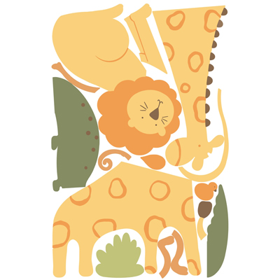 RoomMates Wandbild Zoo Animals, Klebebogen mit Elefant, Löwe und Giraffe in gelb-orangen Farbtönen, freigestellt auf weißem Untergrund