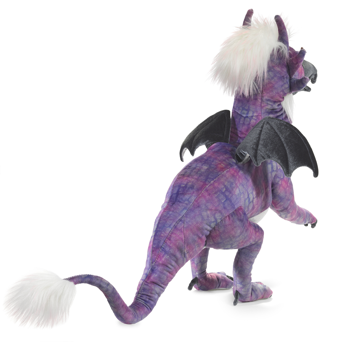 Folkmanis hand puppet Beaked Dragon in purple-pink with black wings, white mane and curved tail, rear three-quarter view