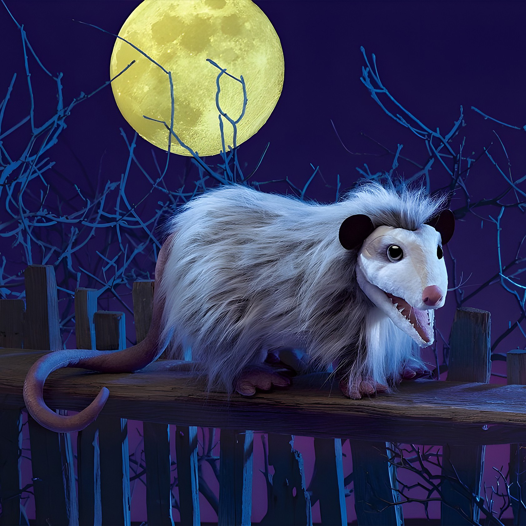 Folkmanis Handpuppe Opossum mit geöffnetem Maul und zerzaustem grau-weißem Fell, auf einem Holzzaun vor Vollmond-Kulisse