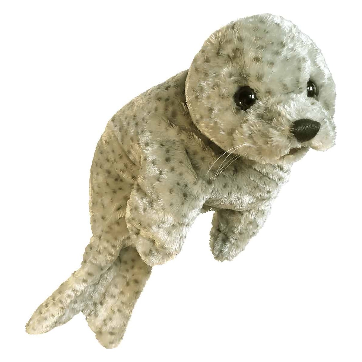 Folkmanis Handpuppe Seehund in hellem Grau mit dunkelbraunen Flecken, schwarzen Glasaugen und Schnurrhaaren, Schrägansicht
