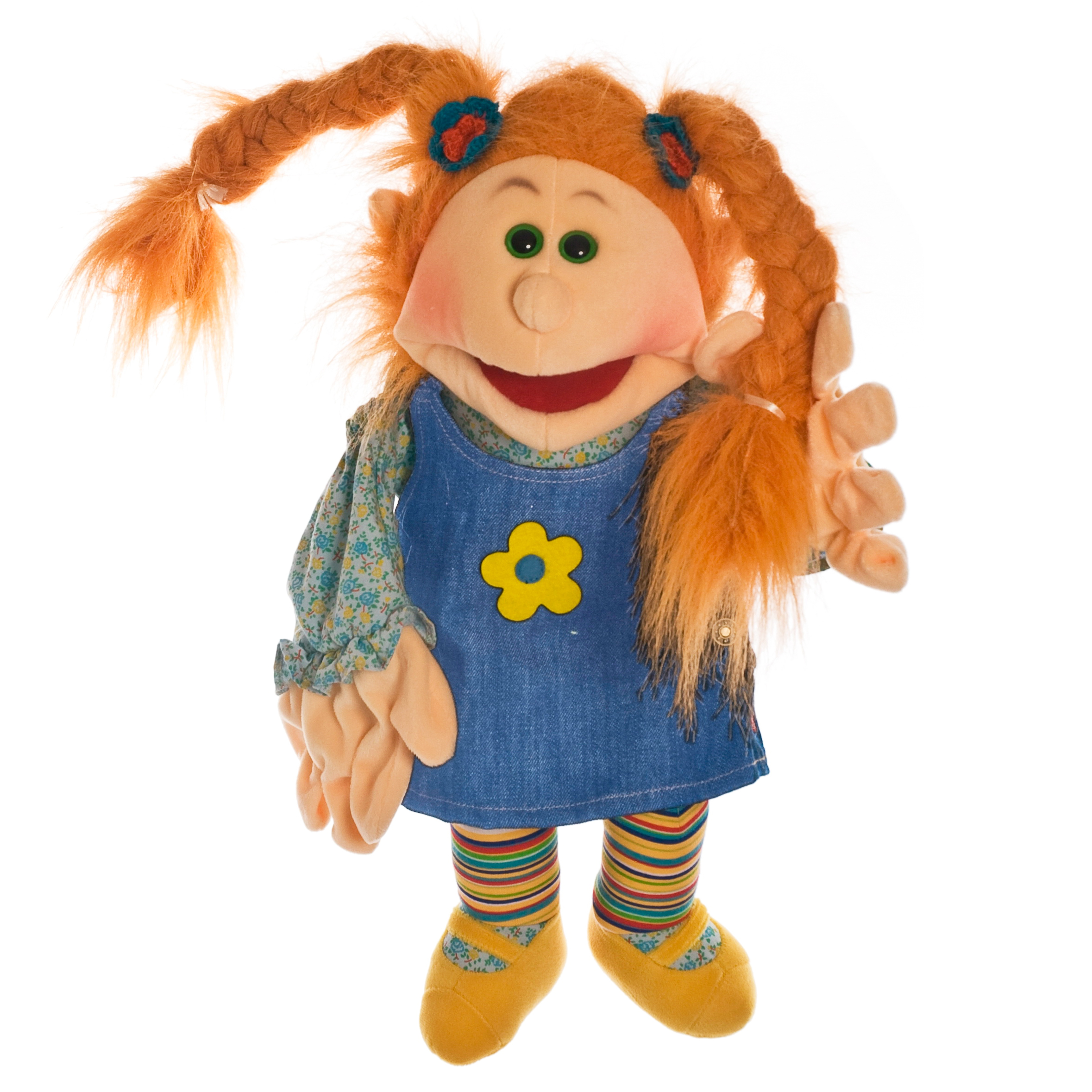 Living Puppets hand puppet Little Tanni with orange pigtails, denim dress with a yellow flower and colourful striped tights, waving