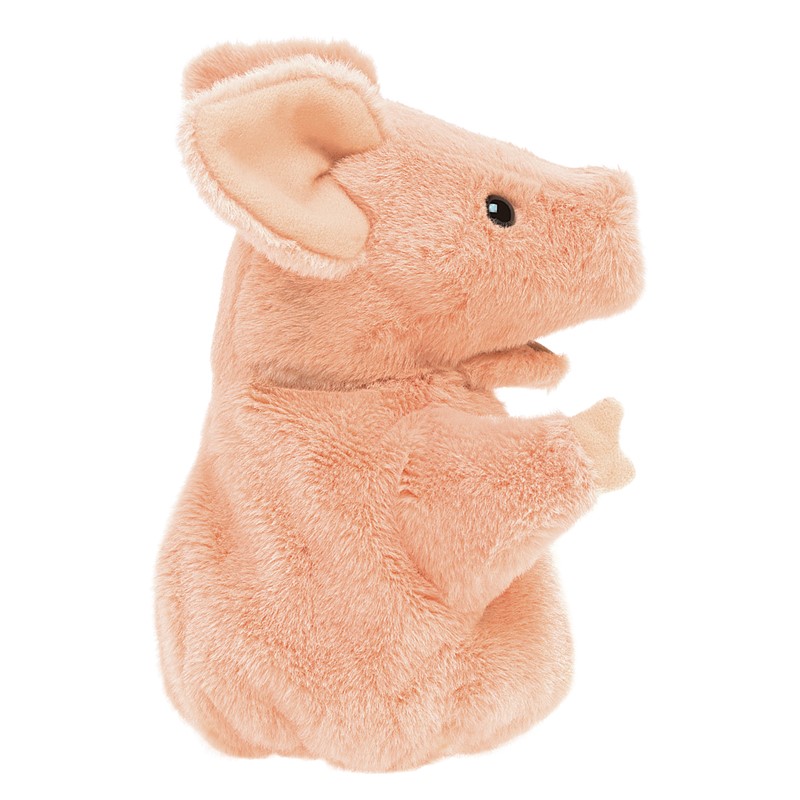 Folkmanis Handpuppe kleines Schwein in rosa Plüsch, Seitenansicht mit sichtbaren Vorderpfoten und großen Ohren