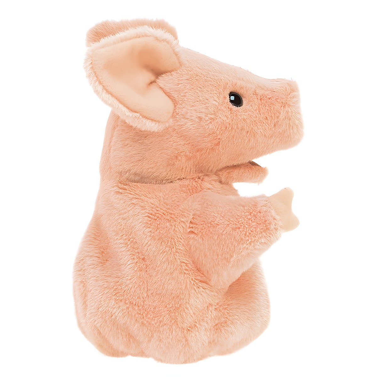 Folkmanis Handpuppe kleines Schwein in rosa Plüsch, Seitenansicht mit sichtbaren Vorderpfoten und großen Ohren