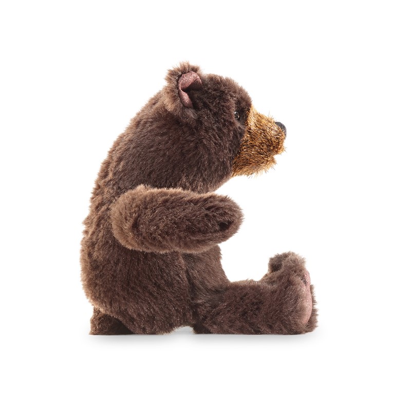 Folkmanis finger puppet mini sitting bear in dark brown plush with a golden-coloured muzzle area, side view