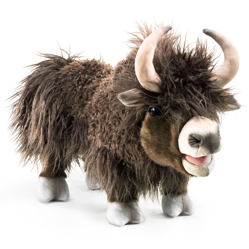 Folkmanis Yak-Handpuppe mit zottigem dunkelbraunem Fell, geschwungenen Hörnern und beweglichem Maul, Seitenansicht