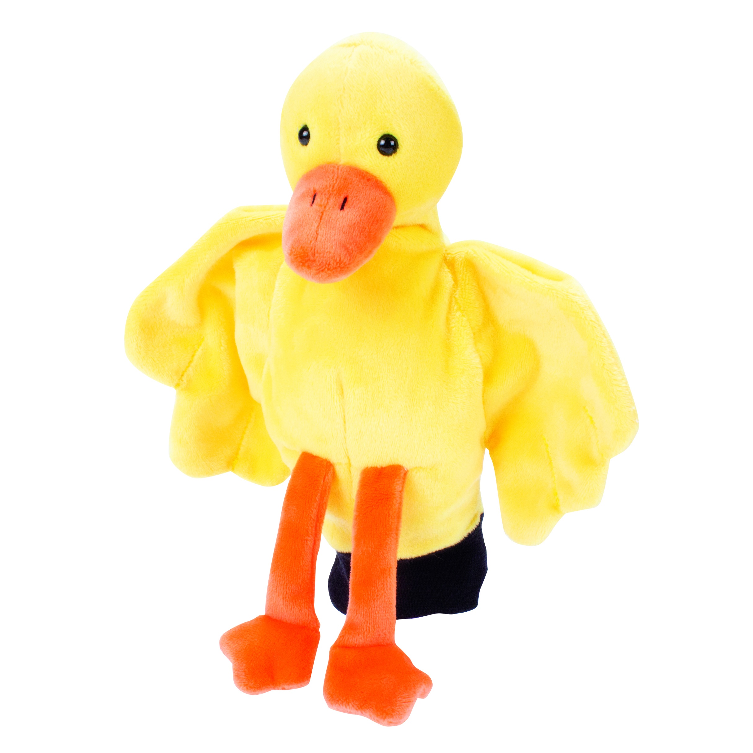 Beleduc hand puppet duck with yellow plumage, an orange beak and outstretched wings