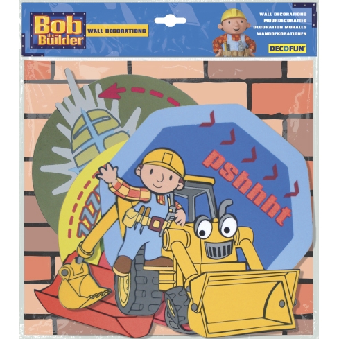decofun Wanddekoration Bob der Baumeister Verpackung, Bob auf gelbem Bagger vor Backsteinmauer-Motiv