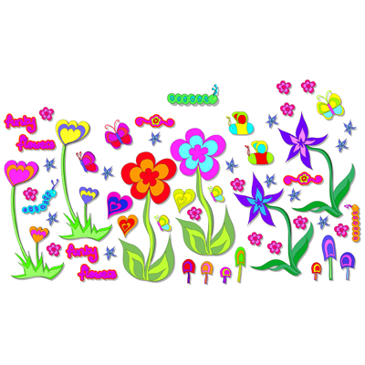 funtosee Wandsticker Blumenwelt, flach ausgelegter Bogen mit bunten Blumen, Herzen, Schmetterlingen und Sternen