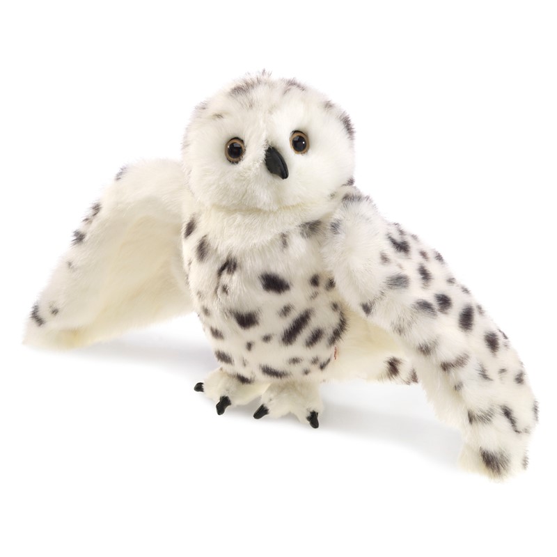 Folkmanis Handpuppe Schneeeule mit ausgebreiteten Flügeln, weißem Plüsch mit schwarzen Flecken und bernsteinfarbenen Glasaugen