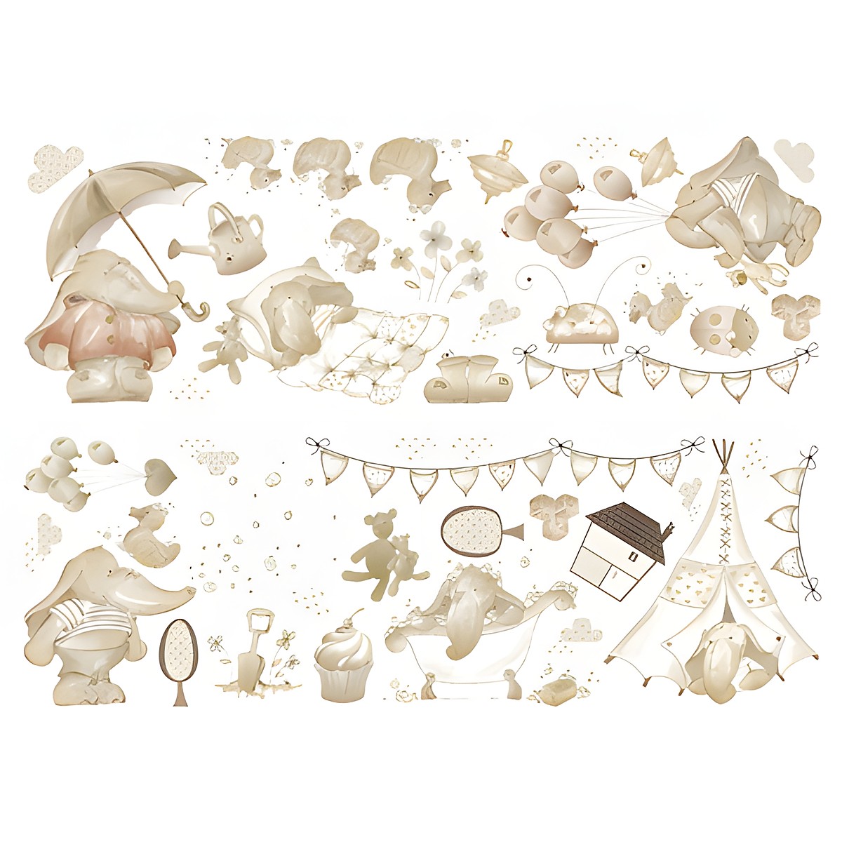 graham & brown wall stickers Eleflump, flat sticker sheet with elephant, umbrella, bunting and soft toys in beige