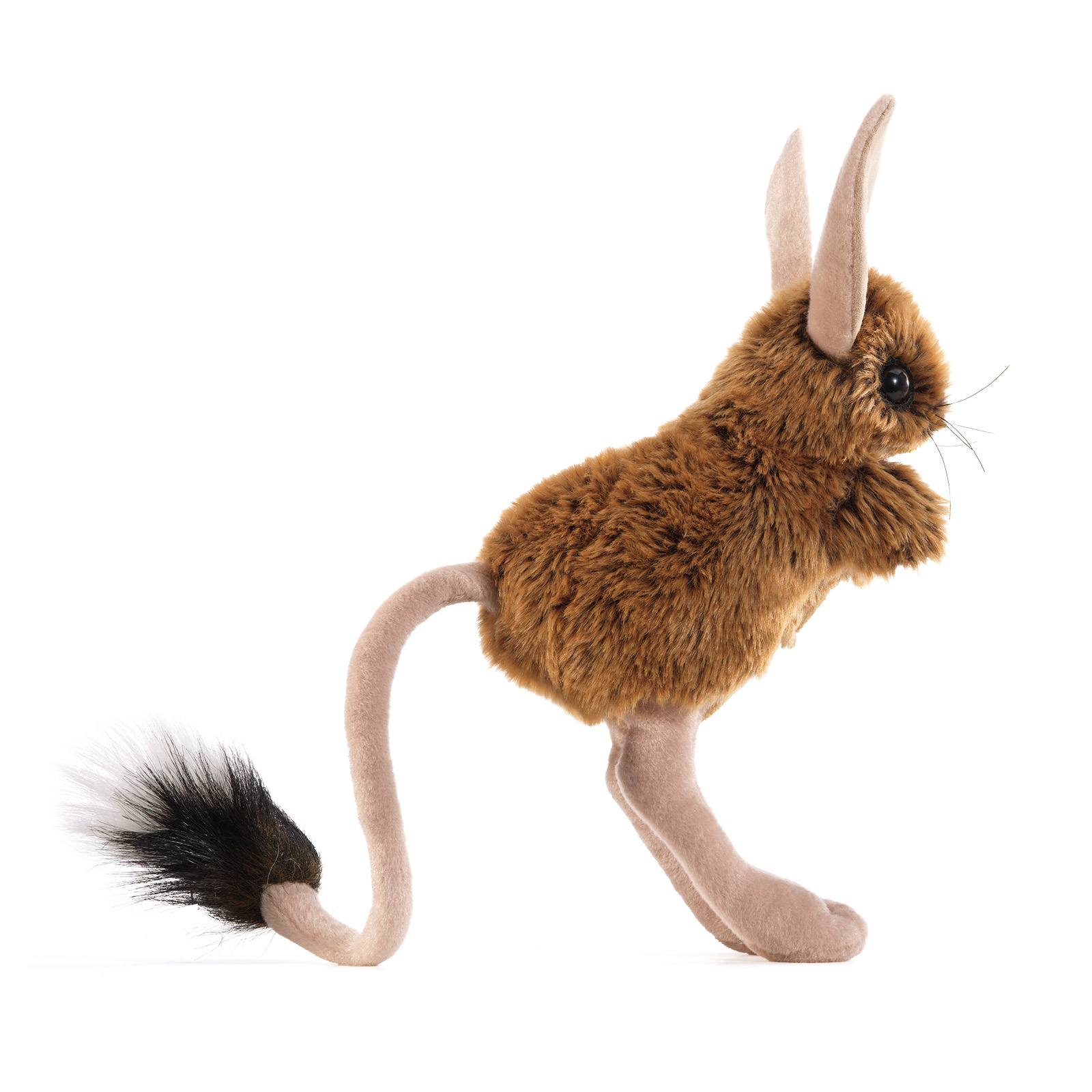 Folkmanis jerboa hand puppet with brown plush fur, long hind legs, narrow ears, and a black-and-white tufted tail, side view