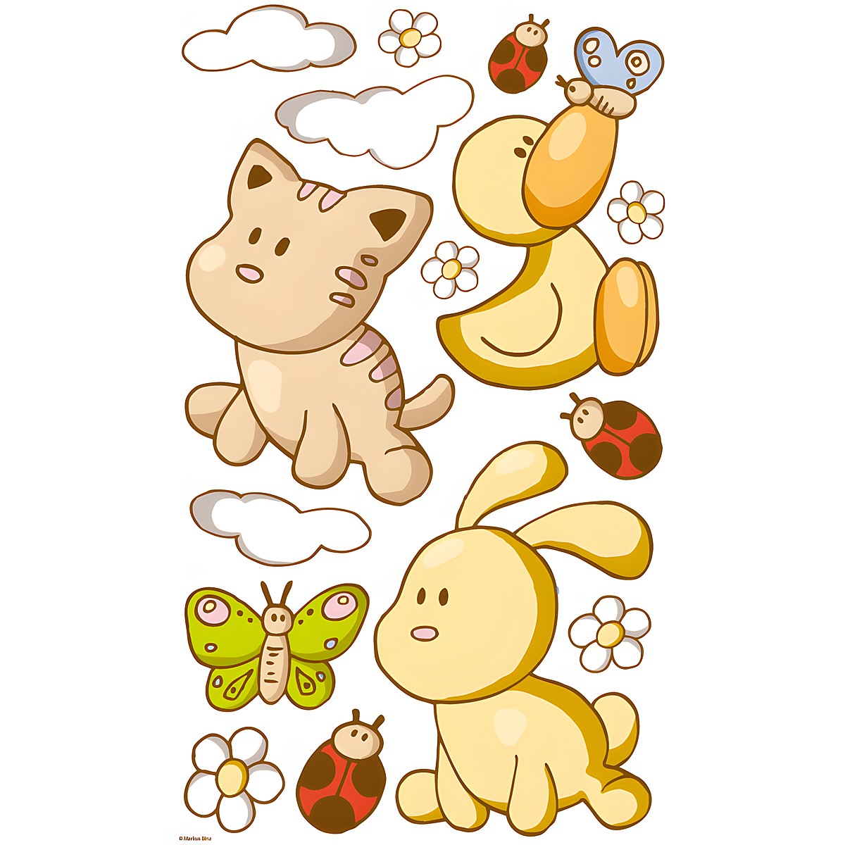 Dinico sticker set Streichelzoo, cat, duckling and rabbit with clouds, flowers, ladybirds and a butterfly
