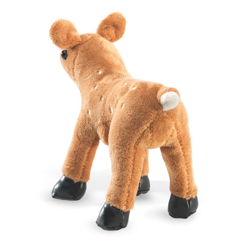 Folkmanis Fingerpuppe mini Reh in Hellbraun mit weißen Flecken, schwarzen Hufen und weißem Schwanz, Schrägansicht
