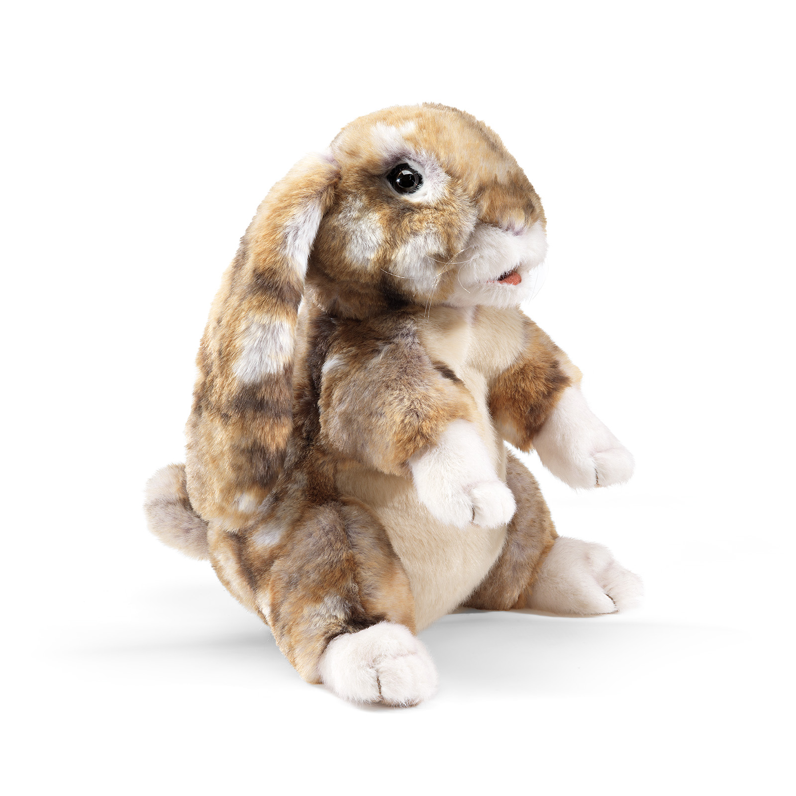 Folkmanis hand puppet lop-eared rabbit with brown-beige spotted fur and long drooping ears, seated in angled view