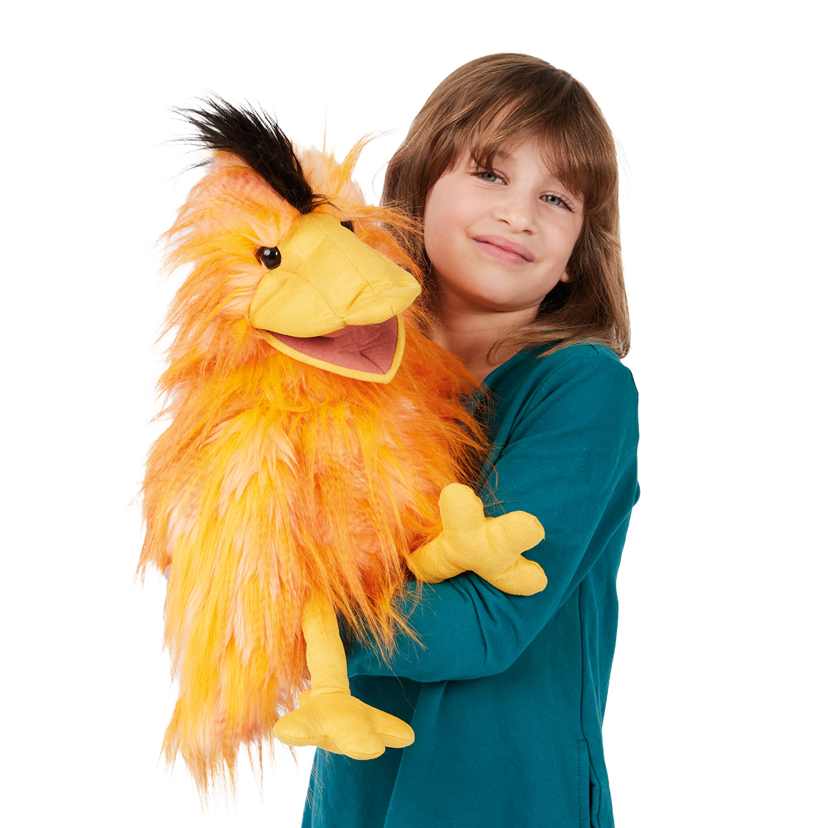 Folkmanis Silly Bird hand puppet in orange with a black tuft of hair and yellow beak, held by a child