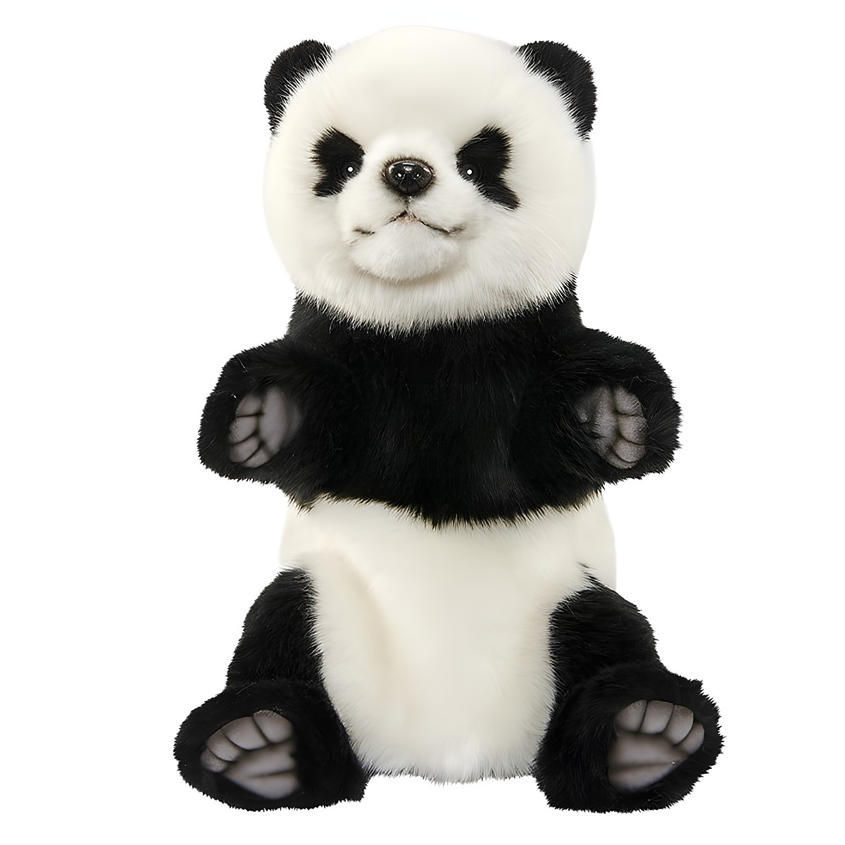 Panda Handpuppe von Hansa Creation mit schwarz-weißem Fell und schwarzen Augenflecken, sitzend