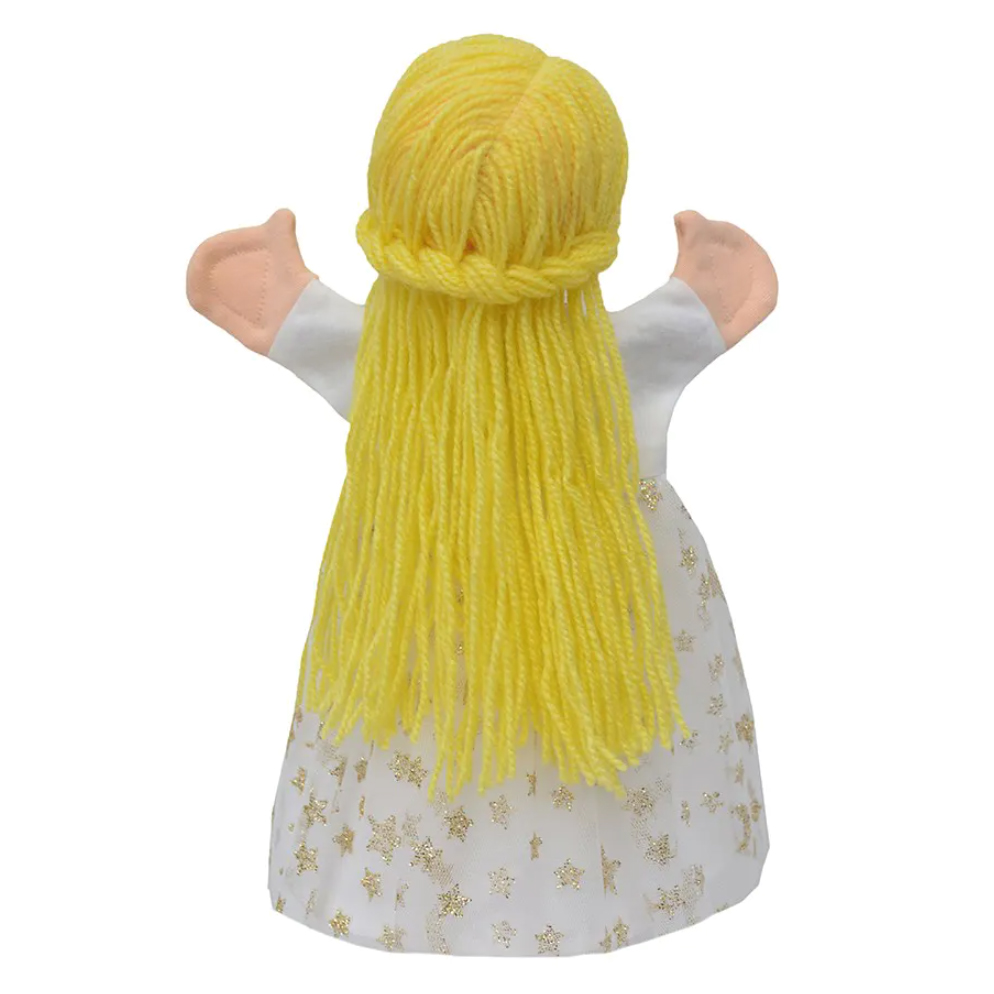 Kasperlepuppe Cinderella von munabo in der Rückansicht mit geflochtenem blondem Haar und Sternenkleid