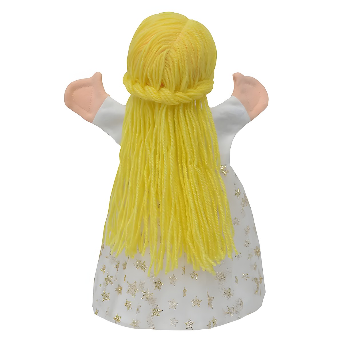 Kasperlepuppe Cinderella von munabo in der Rückansicht mit geflochtenem blondem Haar und Sternenkleid
