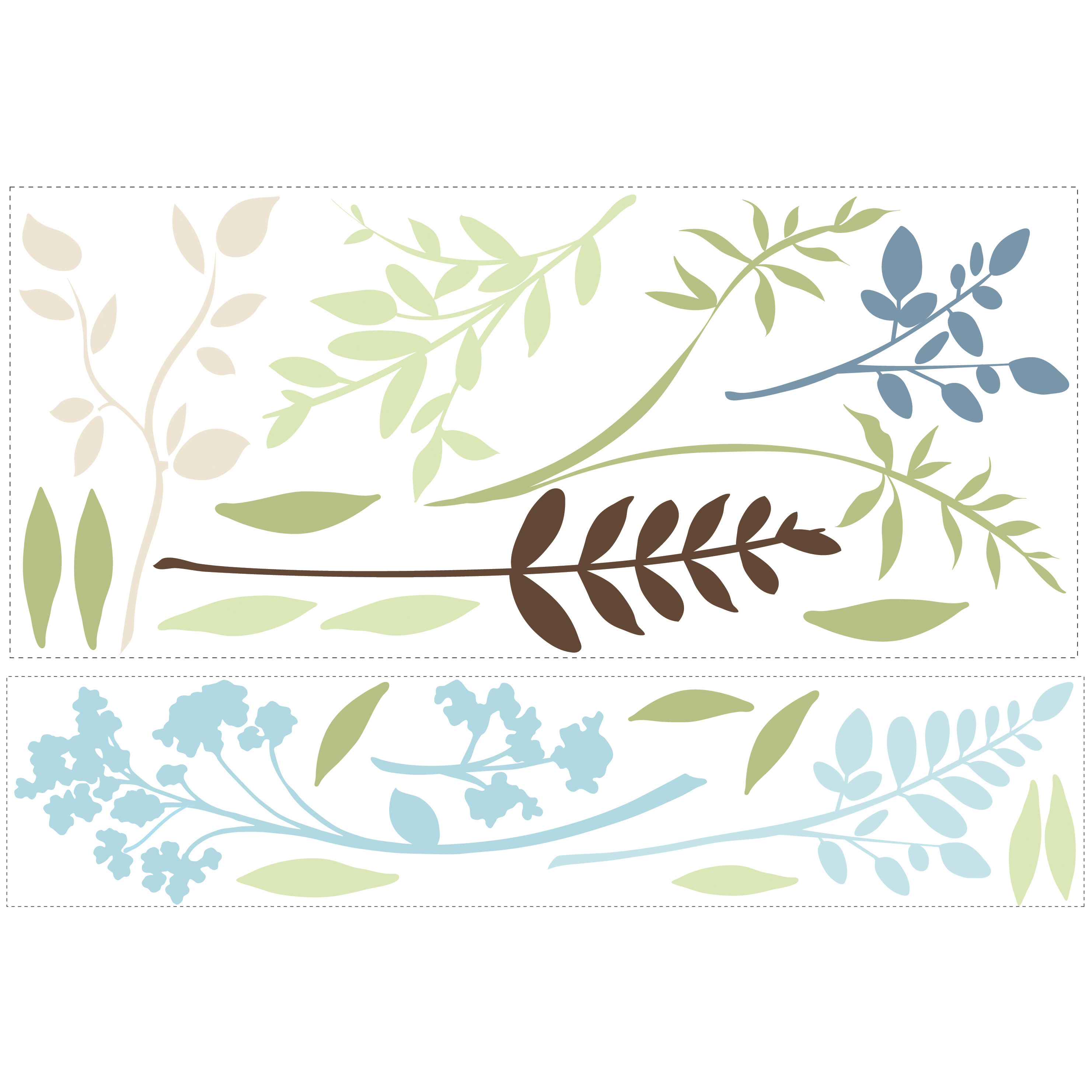 RoomMates wall decal Multi Branches, two decal sheets with graphic branch and leaf motifs in green, brown and blue on a white background